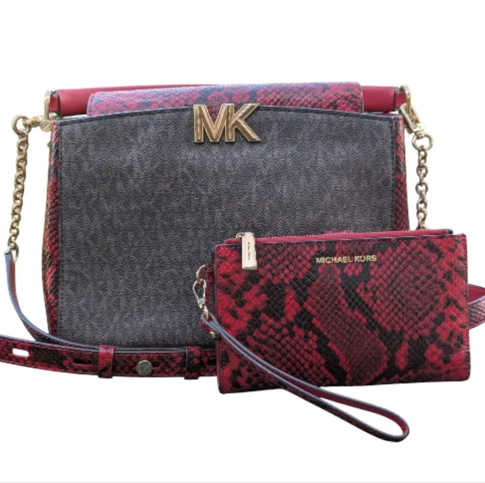 LIKE NEW MICHAEL Kors SET Karlie Crimson Logo Print Faux Snake Textured Leather